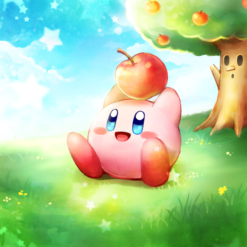 1boy 1other :d :o apple blue_eyes blush_stickers cloud cloudy_sky colored_skin commentary_request flower food fruit grass holding holding_food holding_fruit kirby kirby's_dream_land kirby_(series) no_humans pink_skin pointy_nose red_footwear sky smile solid_oval_eyes star_(sky) star_(symbol) star_in_eye symbol_in_eye tree whispy_woods yellow_flower yume_utsutsu_(artist)