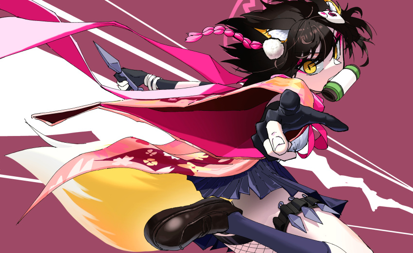 1girl animal_ear_fluff animal_ears black_gloves blue_archive eyeshadow fishnet_thighhighs fishnets fox_ears fox_girl fox_hair_ornament fox_tail gloves hair_ornament halo highres holding holding_knife izuna_(blue_archive) japanese_clothes kimono knife kunai loafers looking_at_viewer makeup mouth_hold nasipeuran partially_fingerless_gloves pink_eyeshadow pink_halo pink_scarf pom_pom_(clothes) pom_pom_hair_ornament print_kimono reverse_grip scarf scroll shoes single_thighhigh slit_pupils tail thigh_strap thighhighs weapon