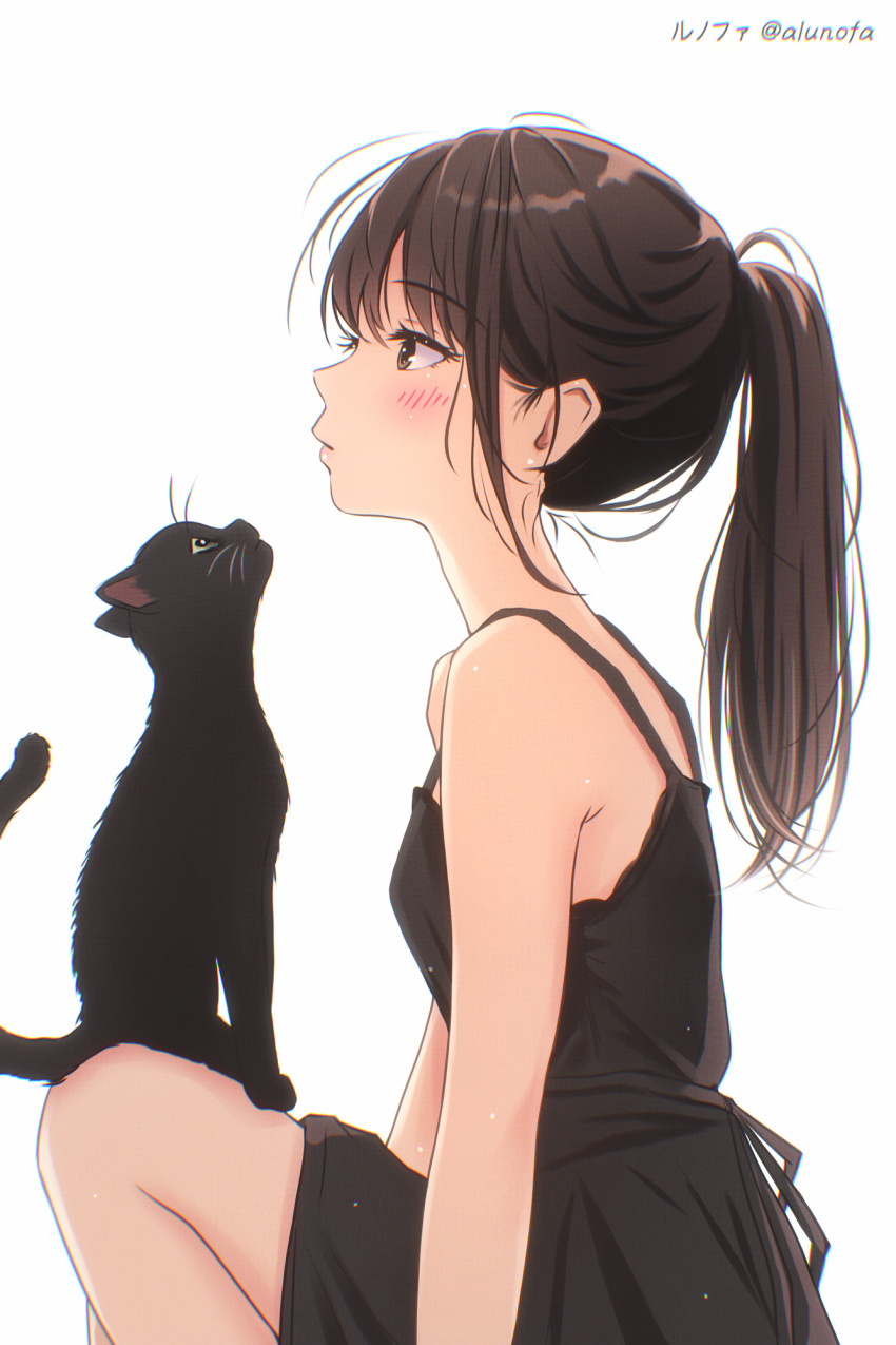 1girl black_cat black_dress blush breasts brown_eyes brown_hair cat closed_mouth dress from_side highres knee_up looking_ahead original ponytail simple_background sleeveless sleeveless_dress small_breasts solo twitter_username upper_body white_background yuluvine