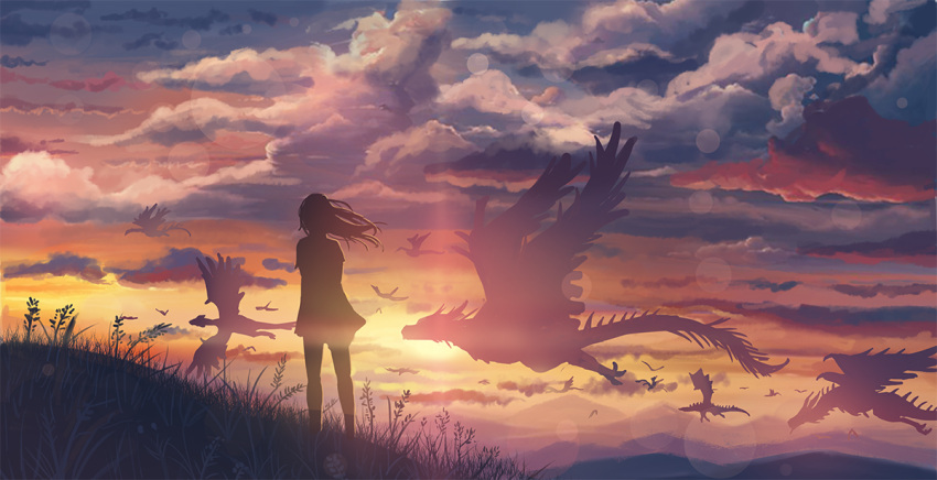 1girl ame_sagari cloud commentary_request dragon evening fantasy flying from_behind full_body gradient_sky hair_lift hill kneehighs long_hair miniskirt mountainous_horizon original scenery shirt short_sleeves silhouette skirt sky socks solo sunset t-shirt western_dragon wheat wind wind_lift yellow_sky