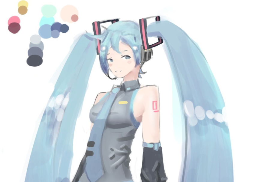 1girl aqua_eyes aqua_hair aqua_nails closed_mouth grey_shirt hair_between_eyes hatsune_miku headphones headset looking_at_viewer luciyum non-web_source off_shoulder self-upload shirt shoulder_tattoo solo standing tattoo twintails upper_body vocaloid vocaloid_boxart_pose white_background