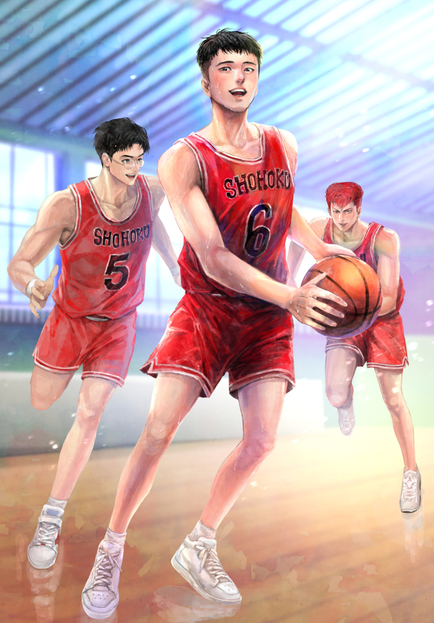 3boys ball basketball_(object) basketball_court basketball_jersey basketball_uniform black_eyes black_hair eg_(eastg111) full_body glasses highres holding holding_ball indoors kogure_kiminobu male_focus multiple_boys red_hair red_shorts red_tank_top sakuragi_hanamichi short_hair shorts slam_dunk_(series) sportswear sweat tank_top yasuda_yasuharu