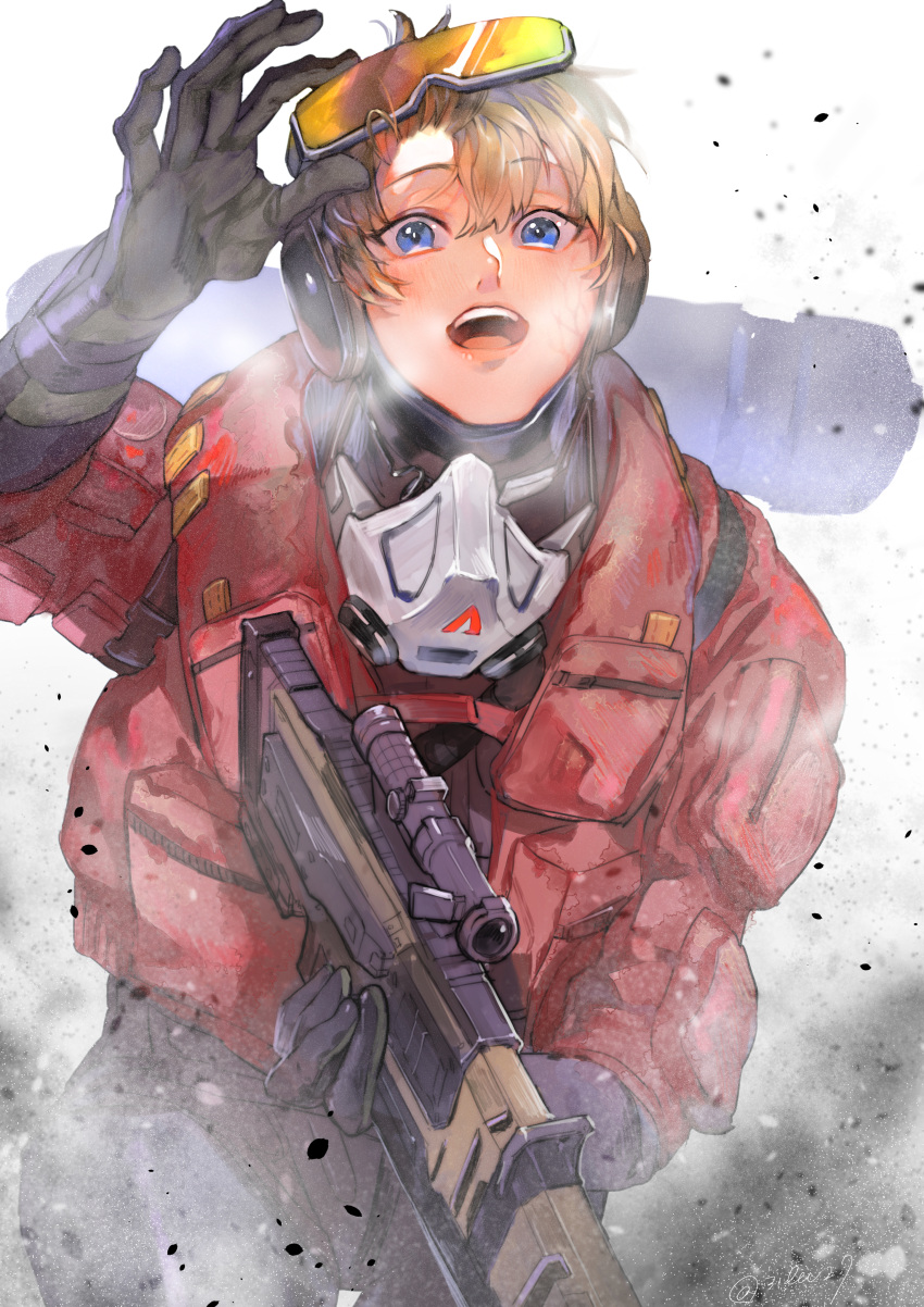 1girl absurdres ace_of_sparks_wattson animification apex_legends black_gloves blonde_hair blue_eyes breath dust eyebrows_visible_through_hair gloves goggles goggles_on_head gun highres holding holding_gun holding_weapon jacket kawaniwa mask mask_around_neck official_alternate_costume open_mouth purple_headwear red_jacket rifle scar scar_on_cheek scar_on_face scope sentinel_esr smile sniper_rifle solo wattson_(apex_legends) weapon