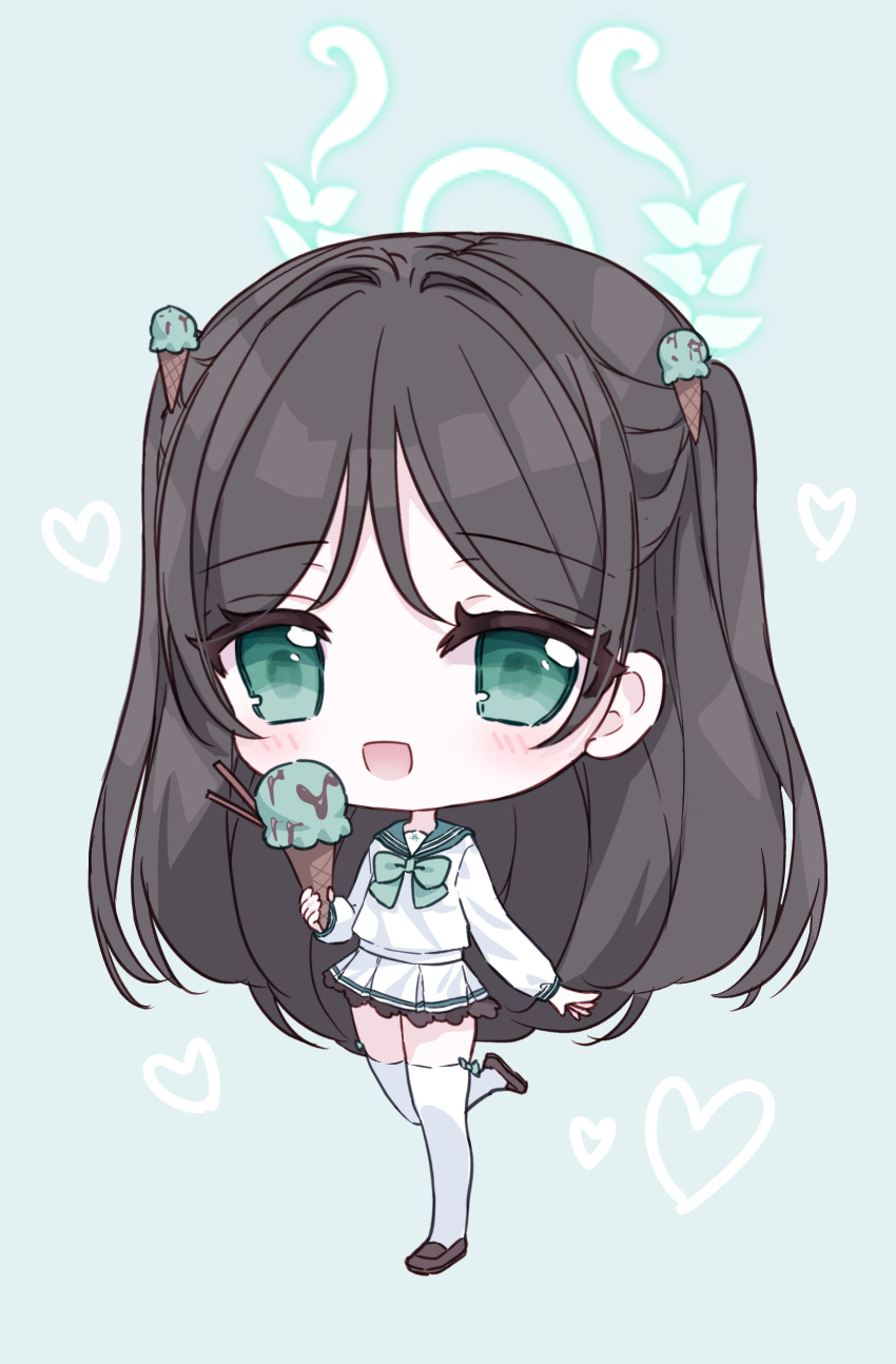 1girl :d absurdres airi_(blue_archive) black_hair blue_archive blue_sailor_collar blush bow brown_footwear chibi commentary_request food food-themed_hair_ornament full_body green_background green_bow green_eyes hair_ornament halo heart highres holding holding_food ice_cream ice_cream_cone ice_cream_hair_ornament loafers long_hair long_sleeves looking_at_viewer pleated_skirt puffy_long_sleeves puffy_sleeves sailor_collar school_uniform serafuku shirt shoes simple_background skirt smile solo standing standing_on_one_leg tandohark thighhighs two_side_up very_long_hair wafer_stick white_serafuku white_shirt white_skirt white_thighhighs