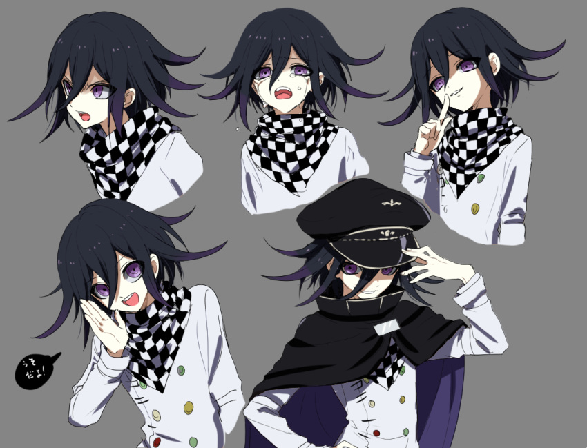 1boy arm_belt belt black_cloak black_hat black_scarf buttons chain checkered_clothes checkered_scarf cloak collared_cloak colored_tips commentary_request cropped_torso crying crying_with_eyes_open danganronpa_(series) danganronpa_v3:_killing_harmony double-breasted finger_to_mouth frown grey_background hair_between_eyes hand_on_headwear hand_on_own_face hat high_collar jacket layered_sleeves leaning_to_the_side long_sleeves male_focus multicolored_buttons multicolored_hair multiple_views oma_kokichi open_mouth palms peaked_cap purple_cloak purple_eyes purple_hair scarf short_hair simple_background sleeves_past_wrists smile smirk streaming_tears tamaon tears teeth two-sided_cloak two-sided_fabric two-tone_scarf upper_body upper_teeth_only v-shaped_eyebrows white_belt white_jacket white_scarf white_sleeves