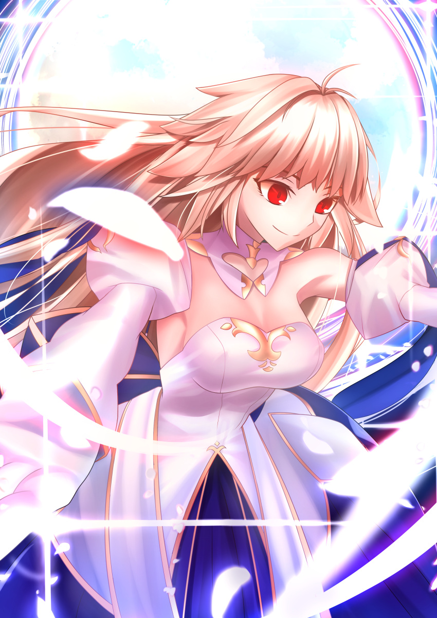 1girl absurdres antenna_hair archetype_earth arcueid_brunestud bare_shoulders blonde_hair breasts cleavage detached_sleeves dress fate/grand_order fate_(series) flower full_moon gloves highres large_breasts long_hair long_skirt moon multicolored_clothes multicolored_skirt princess_outfit red_eyes single_hair_intake skirt smile solo strapless strapless_dress very_long_hair white_dress