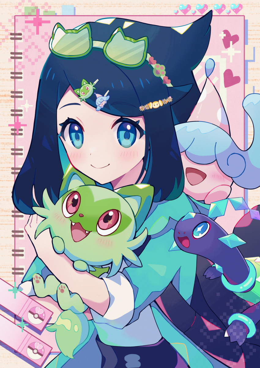 1girl absurdres black_hair black_shorts blush closed_mouth colored_inner_hair commentary_request cowlick eyelashes green_eyes green_hair hair_ornament hairclip haru_(haruxxe) hatenna highres holding holding_pokemon jacket liko_(pokemon) multicolored_hair open_clothes open_jacket poke_ball_print pokemon pokemon_(anime) pokemon_(creature) pokemon_horizons shirt shorts smile solo sprigatito sunglasses terapagos white_shirt