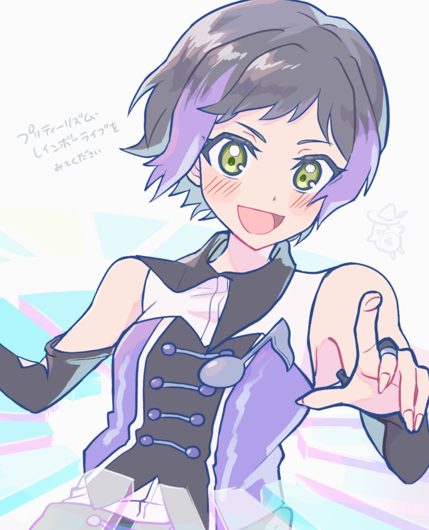 1girl :d bare_shoulders black_hair collared_shirt commentary_request green_eyes hands_up highres idol_clothes looking_at_viewer multicolored_hair musical_note open_mouth pretty_rhythm pretty_rhythm_rainbow_live pretty_series purple_hair shirt short_hair sleeveless sleeveless_shirt smile solo streaked_hair suzuno_ito techimi translation_request two-tone_hair upper_body