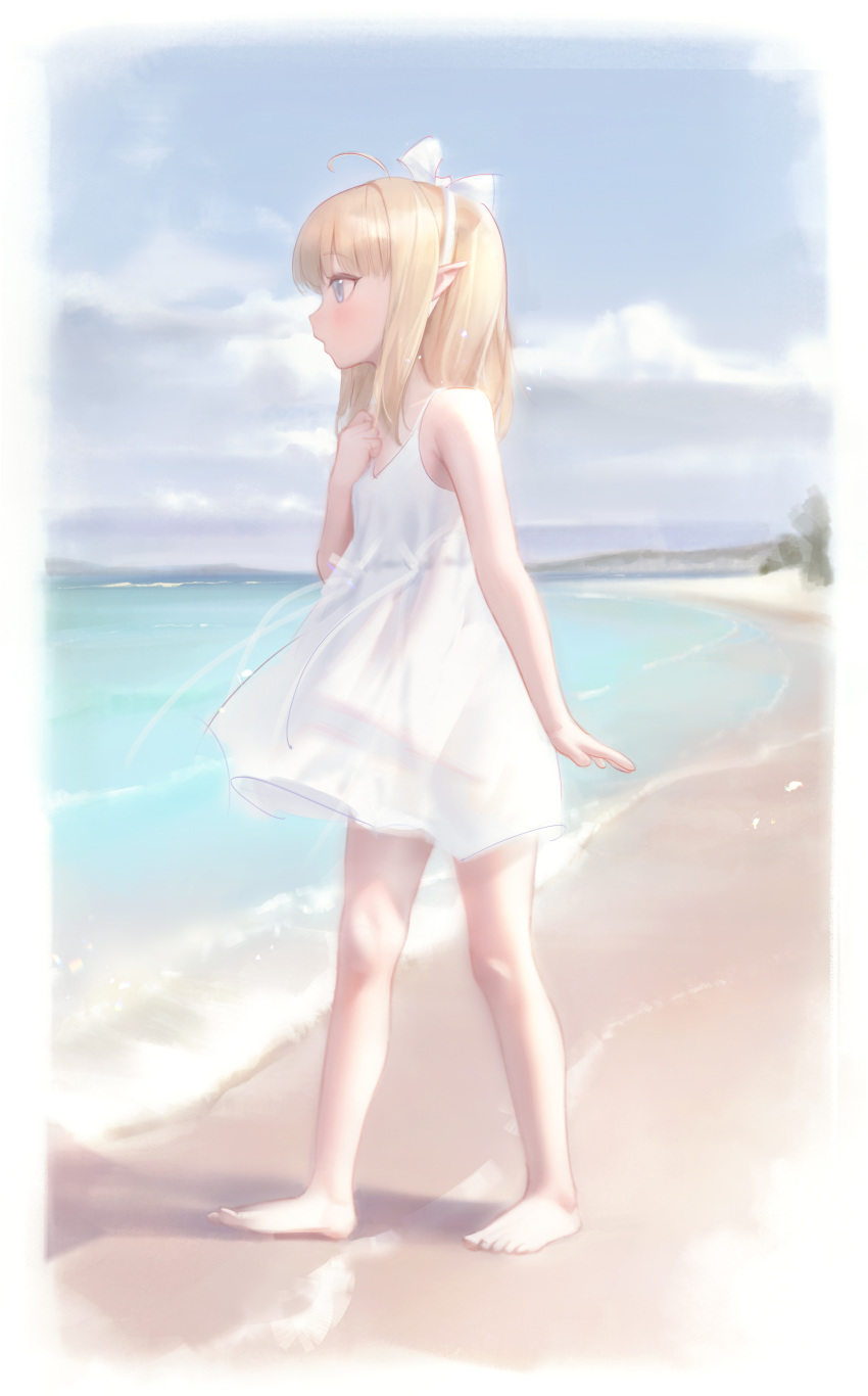 1girl absurdres ahoge arm_at_side bare_arms bare_shoulders barefoot beach bingwei_huang blonde_hair blue_eyes blue_sky bow bow_hairband choker cloud cloudy_sky day dress feet flat_chest hairband hand_on_own_chest highres long_hair looking_ahead ocean original outdoors pointy_ears profile shore sky sleeveless sleeveless_dress solo standing sundress toes water white_bow white_choker white_dress white_hairband