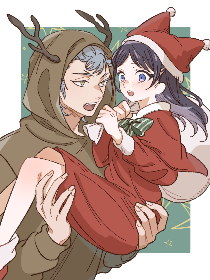 1boy 1girl animal_costume black_hair blue_eyes bow capelet carrying dress eye_contact fake_antlers grey_hair hat hetero highres holding holding_sack hood hood_up long_hair looking_at_another miyao_nemu princess_carry red_dress reindeer_costume sack santa_hat standing witch_watch wolf_(witch_watch) yoshitaka_(palooo)