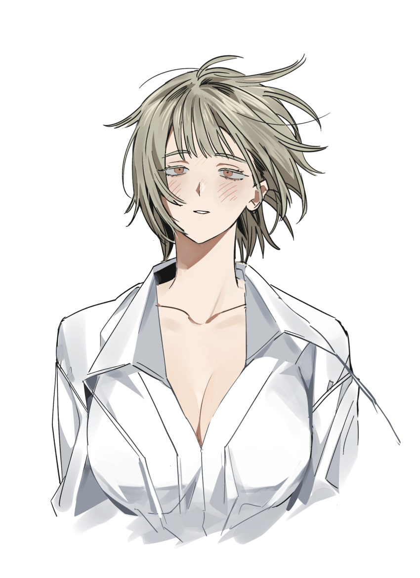 1girl blush breasts cleavage collarbone cropped_torso dungeon_meshi falin_touden floating_hair grey_hair half-closed_eyes highres korean_commentary large_breasts light_brown_hair looking_at_viewer messy_hair red_eyes shirt short_hair sickjwa simple_background solo straight-on unusually_open_eyes white_background white_shirt