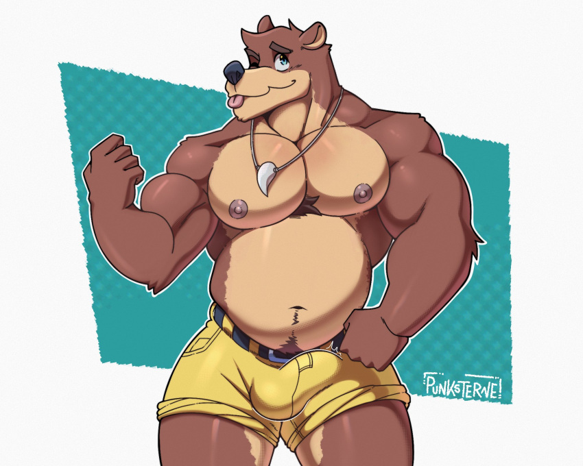 anthro banjo-kazooie banjo_(banjo-kazooie) barazoku bear big_pecs blue_eyes bottomwear brown_body brown_fur bulge clothing collar flexing flexing_bicep fur hi_res male mammal musclegut muscular muscular_anthro muscular_arms muscular_male navel one_eye_closed pecs pubes rareware shorts simple_background solo tongue vier_punksterne wink yellow_bottomwear yellow_clothing yellow_shorts