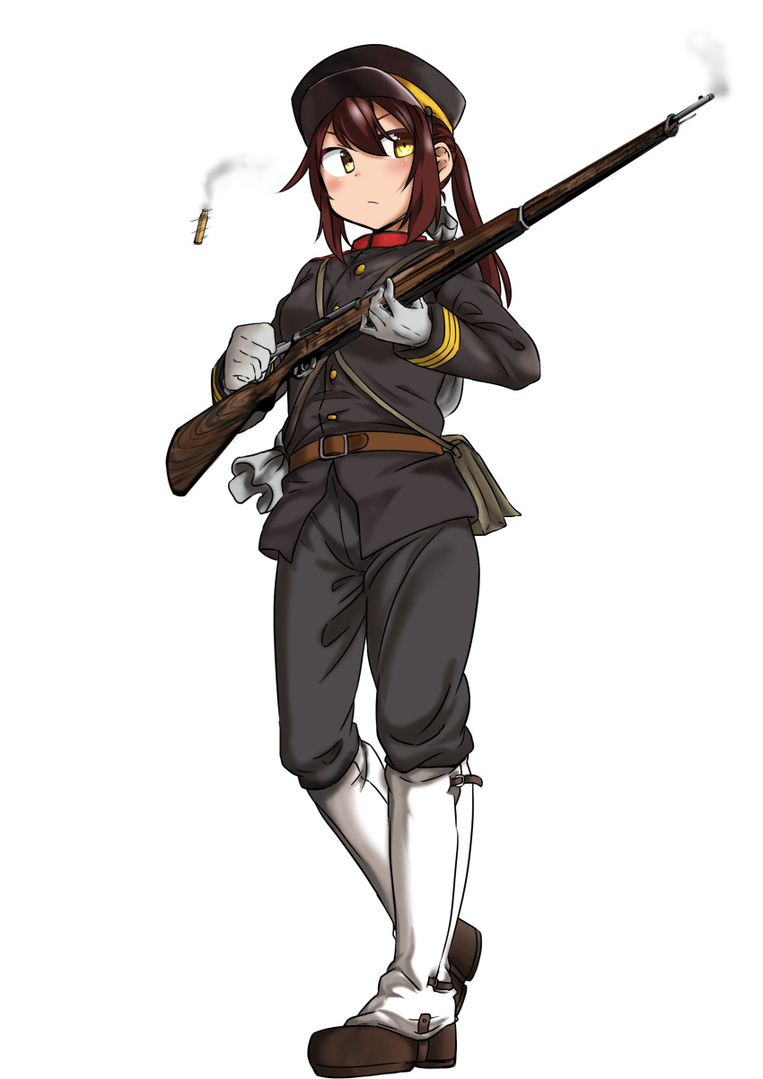 1girl absurdres arisaka bolt_action boots brown_hair combat_boots gloves gun hat highres imperial_japanese_army military military_hat military_uniform myon2 original rifle uniform weapon yellow_eyes