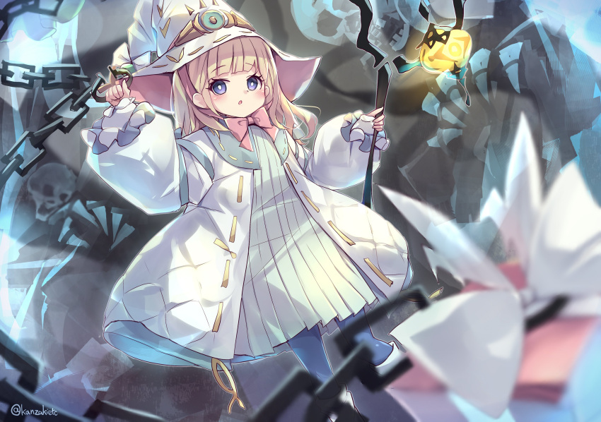 1girl absurdres blonde_hair blue_eyes bow box chain duel_monster gift gift_box hat highres holding holding_staff jacket kanzakietc long_sleeves medium_hair open_clothes open_jacket open_mouth risette_of_the_white_woods solo staff white_footwear wide_sleeves witch witch_hat yu-gi-oh!