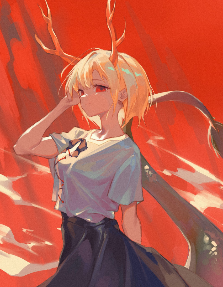 1girl antlers blue_shirt blue_skirt breasts cowboy_shot dragon_girl dragon_horns dragon_tail hand_in_own_hair highres horns kicchou_yachie long_skirt orchid_(pixiv3730518) red_background red_eyes shirt short_hair short_sleeves skirt small_breasts solo square_neckline tail touhou yellow_horns