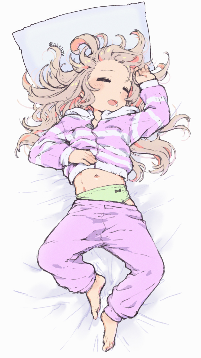 1girl absurdres arm_up artist_name barefoot bed_sheet blush closed_eyes clothes_lift clothes_pull commentary_request feet forehead full_body green_panties grey_hair highres hood hoodie hoodie_lift long_hair long_sleeves lying matado_(almukha) messy_hair multicolored_hair navel on_back on_bed onii-chan_wa_oshimai! open_mouth oyama_mahiro pajamas pajamas_lift pajamas_pull panties pants pants_pull pillow pink_hair purple_hoodie purple_pajamas purple_pants saliva_drip sleeping solo stomach streaked_hair striped_clothes striped_hoodie underwear zipper