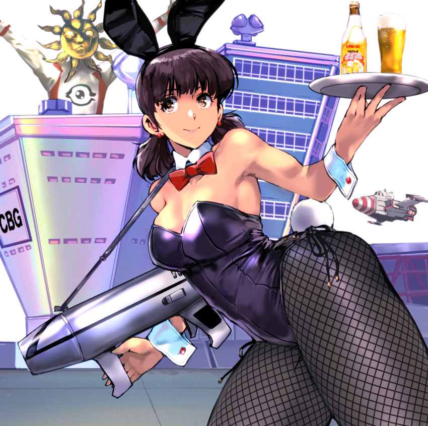 1girl alcohol animal_ears armpits beer bow bowtie breasts brown_eyes brown_hair building cleavage closed_mouth collarbone commentary_request detached_collar fake_animal_ears fishnet_pantyhose fishnet_thighhighs fishnets gloves gun hair_ornament holding holding_weapon kamisimo_90 mecha medium_breasts medium_hair original outdoors pantyhose playboy_bunny rabbit_ears red_bow red_bowtie robot smile standing thighhighs tokusatsu twintails_nurse_(kamisimo_90) waitress weapon wrist_cuffs