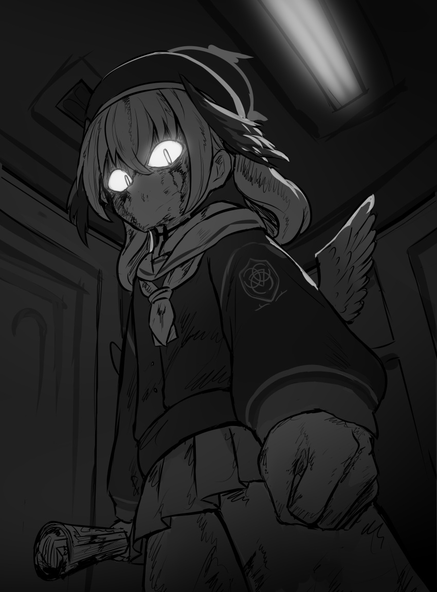 &lt;|&gt;_&lt;|&gt; 1girl absurdres ayo_rimaisu beret blood blood_on_clothes blood_on_face blood_on_hands blood_on_leg blue_archive book feathered_wings flat_chest from_behind glowing glowing_eyes greyscale halo hat head_wings highres holding holding_book koharu_(blue_archive) long_hair looking_at_viewer low_wings miniskirt monochrome neckerchief off_shoulder pleated_skirt sailor_collar sailor_shirt shirt sidelocks skirt solo trinity_general_school_logo twintails winged_halo wings