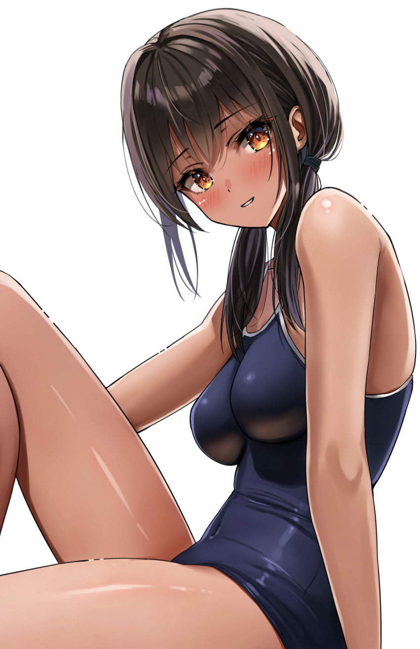 1girl black_hair blue_one-piece_swimsuit breasts brown_eyes commentary_request competition_school_swimsuit feet_out_of_frame highres long_hair low_twintails medium_breasts one-piece_swimsuit original school_swimsuit sitting solo swimsuit tan twintails yukemuriganmo