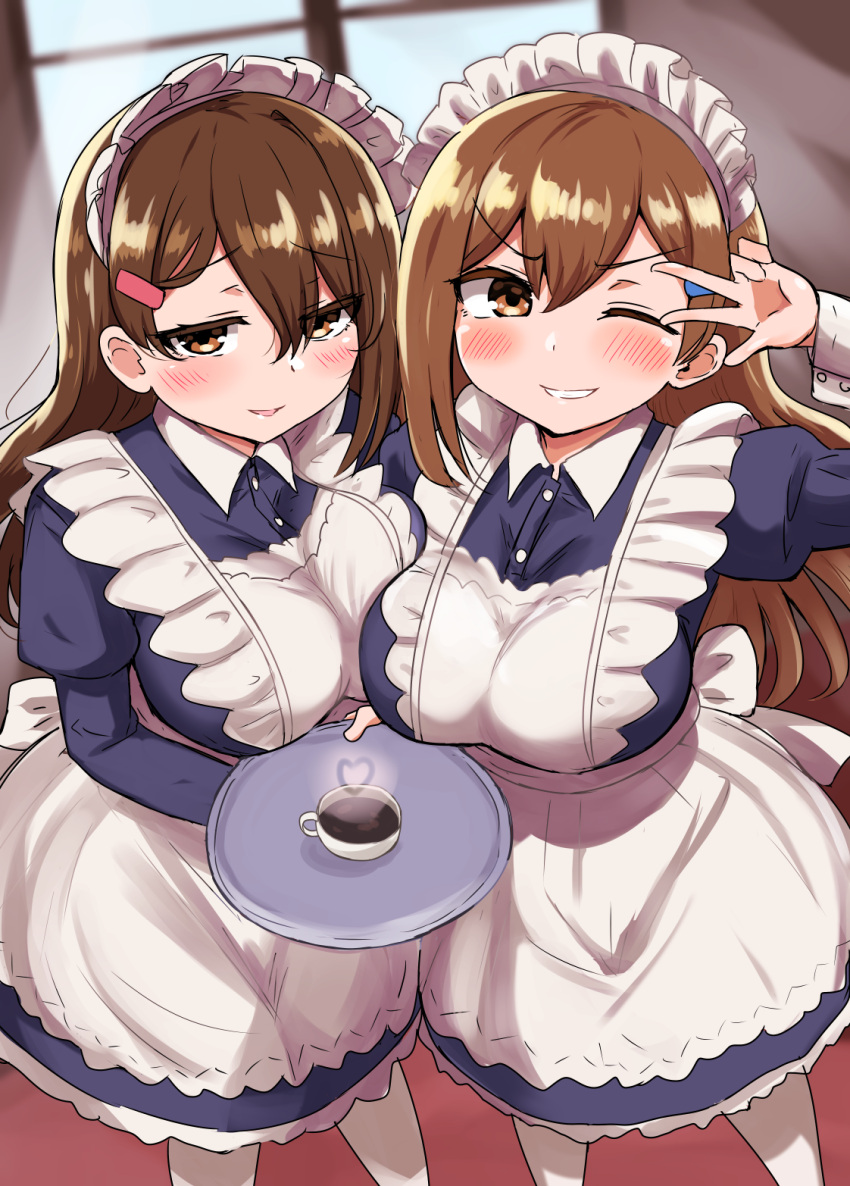 2girls apron breasts brown_eyes brown_hair coffee hair_between_eyes hair_ornament hairclip hand_up highres holding holding_tray indoors large_breasts long_sleeves maid maid_apron multiple_girls naked_apron one_eye_closed original pantyhose senshiya tray v waitress white_pantyhose wrist_cuffs