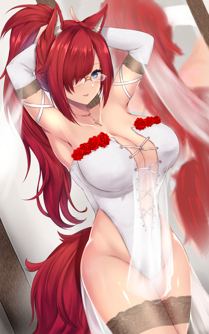 absurdres animal_ears arashiki_mamizu blue_eyes cat_ears cat_tail final_fantasy final_fantasy_xiv flower glasses gloves hair_over_one_eye highres lace leotard long_hair m'arie_kheckdizi mirror ponytail red_hair rose see-through tail