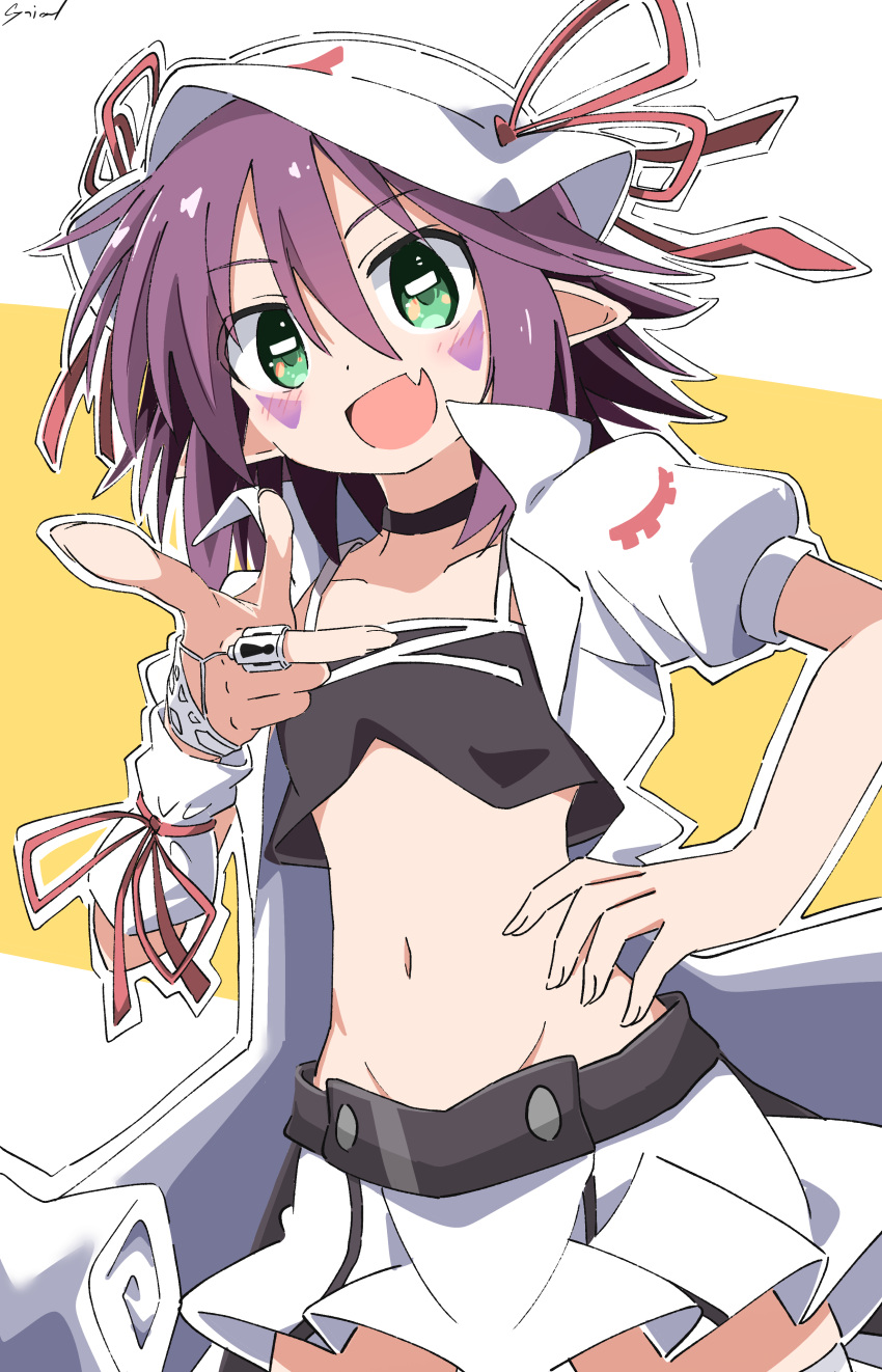 1girl absurdres choker cynical_(llcbluckg_c004) facial_mark fang green_eyes hat highres looking_at_viewer merry_nightmare midriff navel open_mouth pointy_ears purple_hair ribbon short_hair skirt smile solo striped_clothes striped_thighhighs thighhighs yumekui_merry