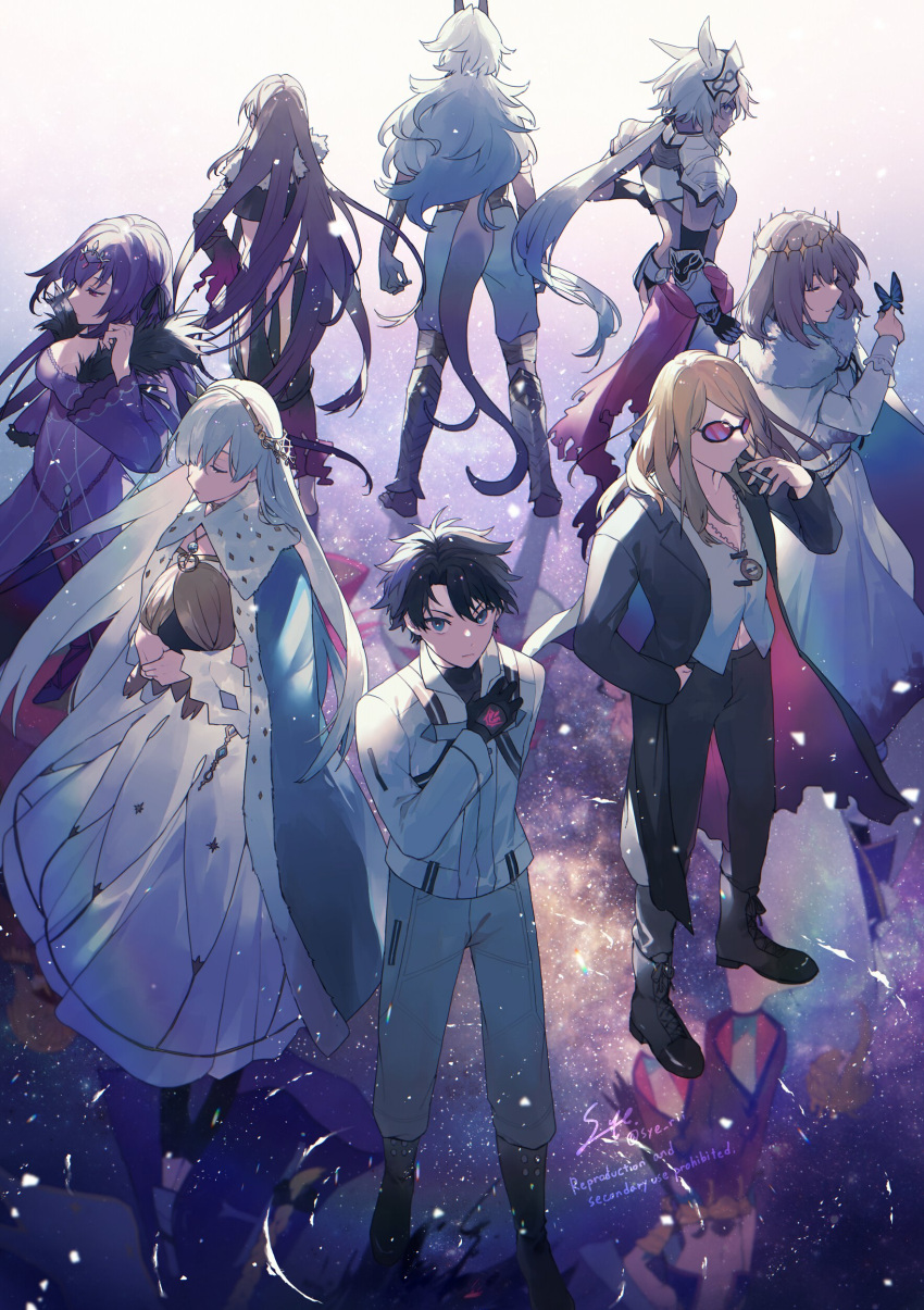 4boys 4girls absurdres anastasia_(fate) arabian_clothes arjuna_(fate) arjuna_alter_(fate) armor artoria_pendragon_(fate) artoria_pendragon_(lancer)_(fate) black_dress black_gloves black_hair black_ribbon black_thighhighs blonde_hair blue_cloak braid braided_bun bug butterfly caenis_(fate) cape cigarette cloak closed_eyes coat command_spell cropped_vest crown cutoffs dark-skinned_female dark-skinned_male dark_skin diamond_hairband different_reflection doll dress edmond_dantes_(fate) fate/grand_order fate_(series) faulds feather_trim florence_nightingale_(fate) francis_drake_(fate) from_behind fujimaru_ritsuka_(male) fujimaru_ritsuka_(male)_(decisive_battle_chaldea_uniform) fur-trimmed_cape fur-trimmed_cloak fur-trimmed_dress fur_trim gauntlets gilgamesh_(caster)_(fate) gilgamesh_(fate) gloves hair_bun hair_ribbon hairband headpiece highres holding holding_cigarette holding_doll horns insect_on_finger jacket jeanne_d'arc_(fate) jewelry long_braid long_hair long_sleeves mordred_(fate) multiple_boys multiple_girls nero_claudius_(fate) oberon_(fate) pendant pink_hair ponytail_holder purple_dress purple_hair red_dress red_eyes reflection reflective_water ribbon robe royal_robe scathach_(fate) scathach_skadi_(fate) shoulder_plates single_braid sunglasses syerii tail tezcatlipoca_(fate) thighhighs tiara tinted_eyewear trench_coat very_long_hair vest viy_(fate) white_cloak white_dress white_hair white_jacket yellow_hairband yu_mei-ren_(fate)