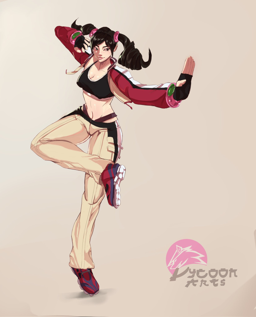 1girl artist_name black_gloves breasts cleavage crop_top cropped_jacket fingerless_gloves from_side gloves green_background highres jacket leg_lift ling_xiaoyu lycoon_arts midriff navel open_clothes open_jacket pants ponytail red_footwear red_jacket shoes side_ponytail simple_background sneakers solo sweatpants tekken tekken_4 white_background white_pants