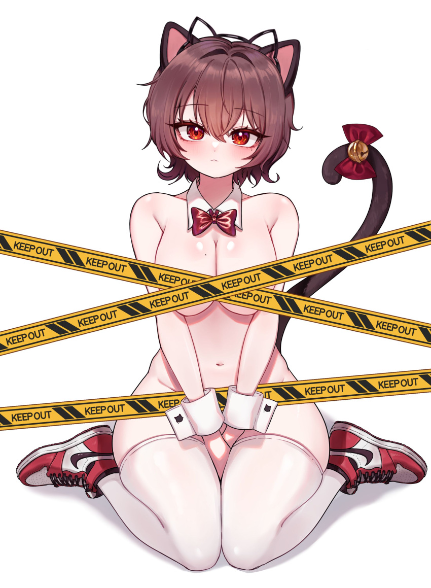 1girl :&lt; absurdres air_jordan air_jordan_1 animal_ear_hairband animal_ears armpit_crease artist_request bell between_legs black_hairband blush bow bowtie breasts brown_hair cat_ear_hairband cat_ears cat_tail caution_tape censored cleavage commentary_request detached_collar fake_animal_ears full_body groin hair_between_eyes hairband hand_between_legs head_tilt highres jingle_bell keep_out korean_commentary large_breasts looking_at_viewer mole mole_on_breast mole_under_eye navel nike_(company) nude original prunechi red_bow red_bowtie red_eyes red_footwear second-party_source shadow shoes short_hair simple_background sitting sneakers solo stomach tail tail_bell tail_bow tail_ornament tape_censor thick_thighs thighhighs thighs v_arms wariza white_background white_thighhighs white_wrist_cuffs wing_collar wrist_cuffs