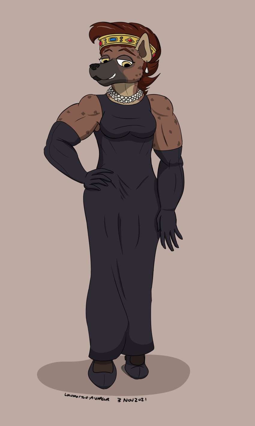 2021 absurd_res anthro armwear clothing crown dress ear_piercing edith_baker elbow_gloves female gloves grin handwear hi_res high_heels hyaenid jewelry mammal muscular muscular_female necklace panzerschreckleopard piercing sleeveless sleeveless_dress smile solo spotted_hyena yellow_eyes