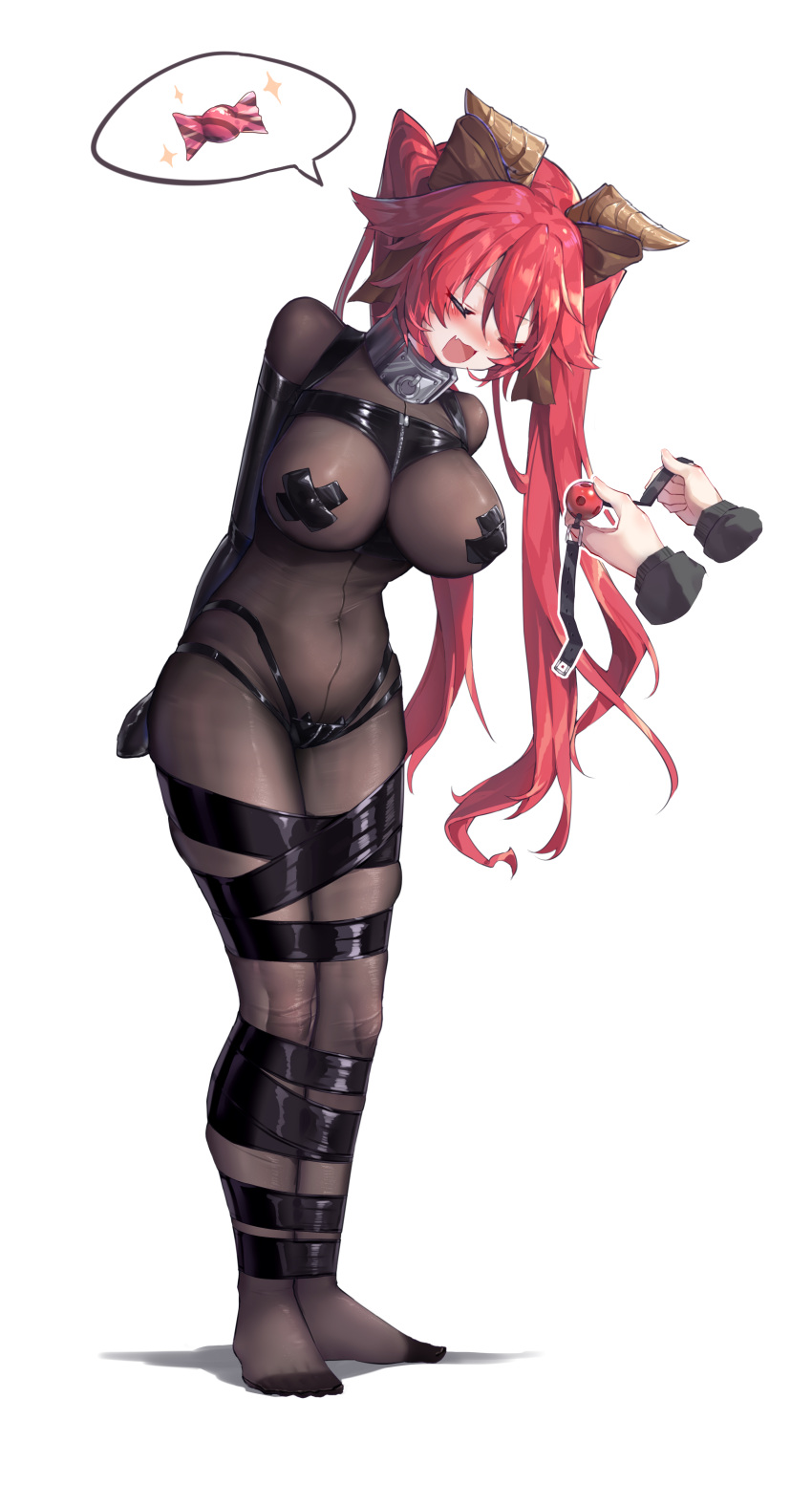 1girl 1other :d absurdres ball_gag bdsm blush bodystocking bound bound_arms bound_legs breasts candy closed_eyes collar commentary_request disembodied_limb fang food full_body gag hair_ribbon highres horns large_breasts long_hair metal_collar monoglove original pasties red_hair ribbon shadow skin_fang smile speech_bubble standing tape tape_bondage tape_on_nipples twintails variant_set very_long_hair white_background wiffle_gag xiongmao