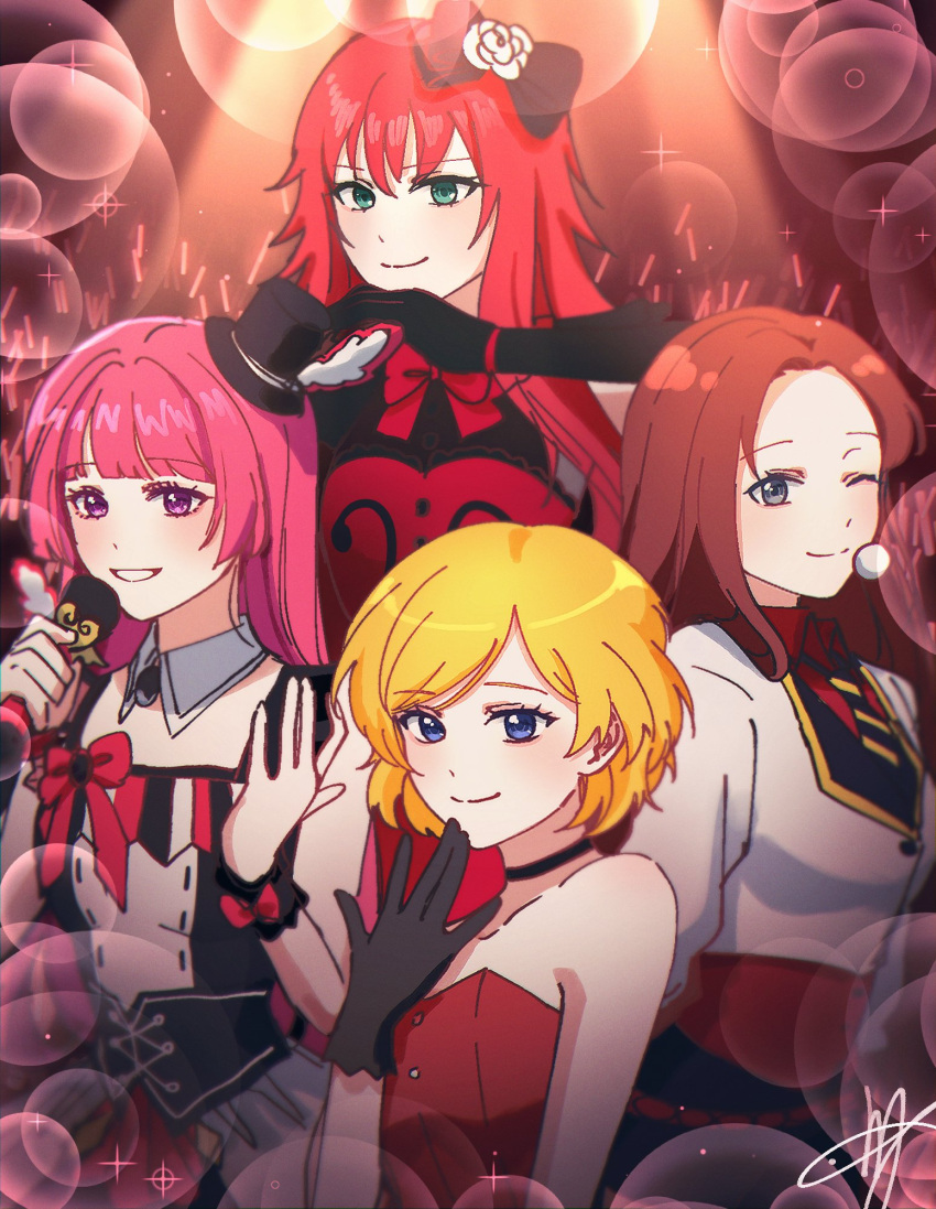 4girls audience bare_shoulders black_bow black_choker black_gloves blonde_hair blue_eyes blunt_bangs bow brown_hair choker closed_mouth commentary_request detached_collar gloves glowstick green_eyes hair_bow hand_up hands_up hat highres hojo_sophy holding holding_microphone hye_in_(pretty_rhythm) idol in-franchise_crossover jacket korean_commentary long_hair looking_at_viewer meng_(prism_shining) microphone mini_hat multiple_girls one_eye_closed open_mouth penlight_(glowstick) pretty_rhythm pretty_rhythm_aurora_dream pretty_rhythm_dear_my_future pretty_rhythm_rainbow_live pretty_series pripara purple_eyes red_hair renjouji_beru short_hair signature smile takamine_mion trait_connection upper_body white_jacket