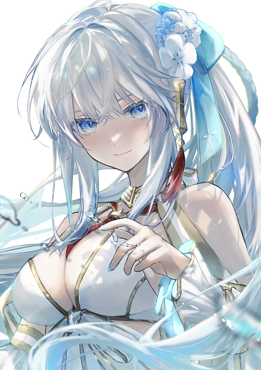 1girl absurdres bare_shoulders bikini blue_eyes blush bow braid breasts closed_mouth fate/grand_order fate_(series) french_braid grey_hair hair_between_eyes hair_bow hair_ornament highres large_breasts long_hair looking_at_viewer morgan_le_fay_(fate) morgan_le_fay_(water_princess)_(fate) nigiri ponytail ribbon sidelocks simple_background smile solo swimsuit very_long_hair white_background white_bikini
