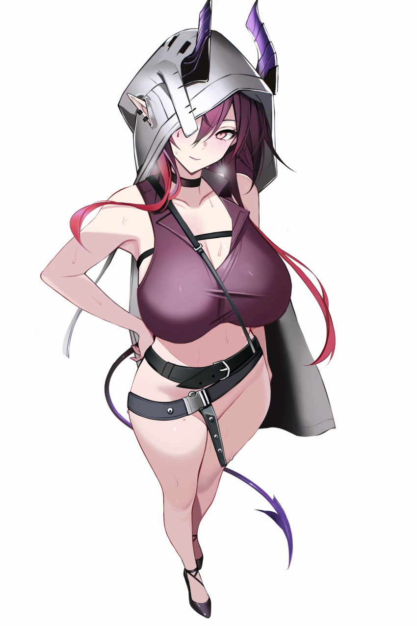 1girl arknights ascalon_(arknights) ateoyh black_choker bottomless breasts choker cleavage closed_mouth demon_girl demon_horns hair_between_eyes highres hood hood_up horns horns_through_hood long_hair looking_at_viewer nipples no_panties pointy_ears red_hair simple_background sweat