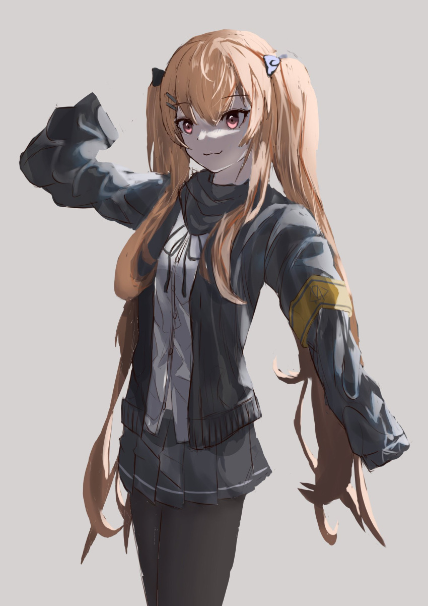1girl bangs black_jacket black_legwear black_scarf black_skirt bow brown_hair closed_mouth eyebrows_visible_through_hair feet_out_of_frame girls'_frontline grey_background hair_bow hair_ornament hairclip highres jacket long_hair looking_away open_clothes open_jacket pantyhose purple_eyes scarf shirt skirt smile solo standing twintails ump9_(girls'_frontline) uwu wh1te white_shirt