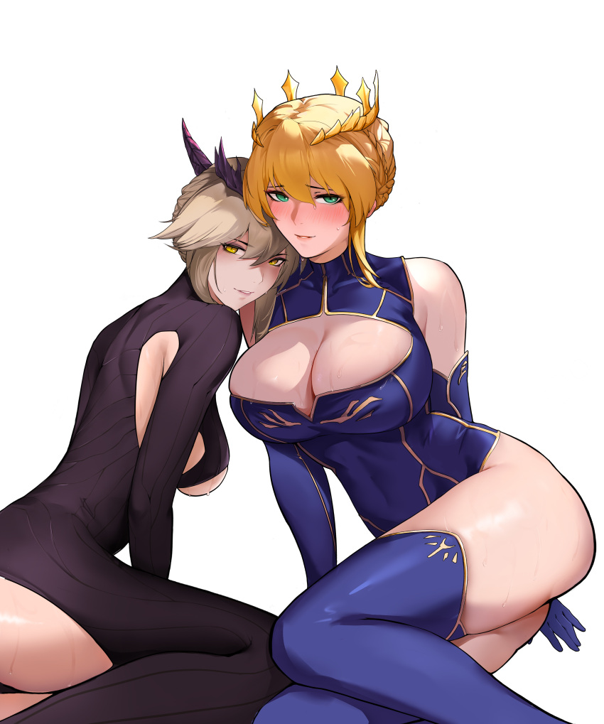 2girls absurdres artoria_pendragon_(fate) artoria_pendragon_(lancer)_(fate) artoria_pendragon_(lancer_alter)_(fate) bare_shoulders black_bodysuit blonde_hair blue_gloves blue_leotard blue_thighhighs blush bodysuit braid braided_bun breasts chinese_commentary cleavage cleavage_cutout clothing_cutout commentary crown dual_persona elbow_gloves fate/grand_order fate_(series) gloves green_eyes grey_hair hair_between_eyes hair_bun highres large_breasts leotard long_hair looking_at_viewer milestone_celebration multiple_girls ribbed_bodysuit sidelocks sitting sleeveless_turtleneck_leotard smile sweat textless_version thighhighs white_background yellow_eyes yi_ke_si_gali_bang yokozuwari