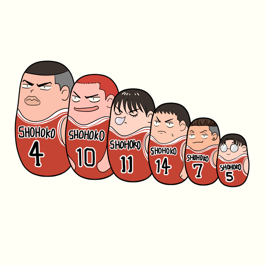 4305869_(pixiv4305869) absurdres akagi_takenori black_hair buzz_cut character_doll closed_eyes clothes_writing facing_ahead frown glasses highres kogure_kiminobu lineup looking_ahead looking_at_viewer matryoshka_doll mitsui_hisashi miyagi_ryouta no_humans nose_bubble objectification red_hair red_theme rukawa_kaede sakuragi_hanamichi short_hair simple_background slam_dunk_(series) sleeping sleeping_upright smile smirk still_life undercut very_short_hair white_background