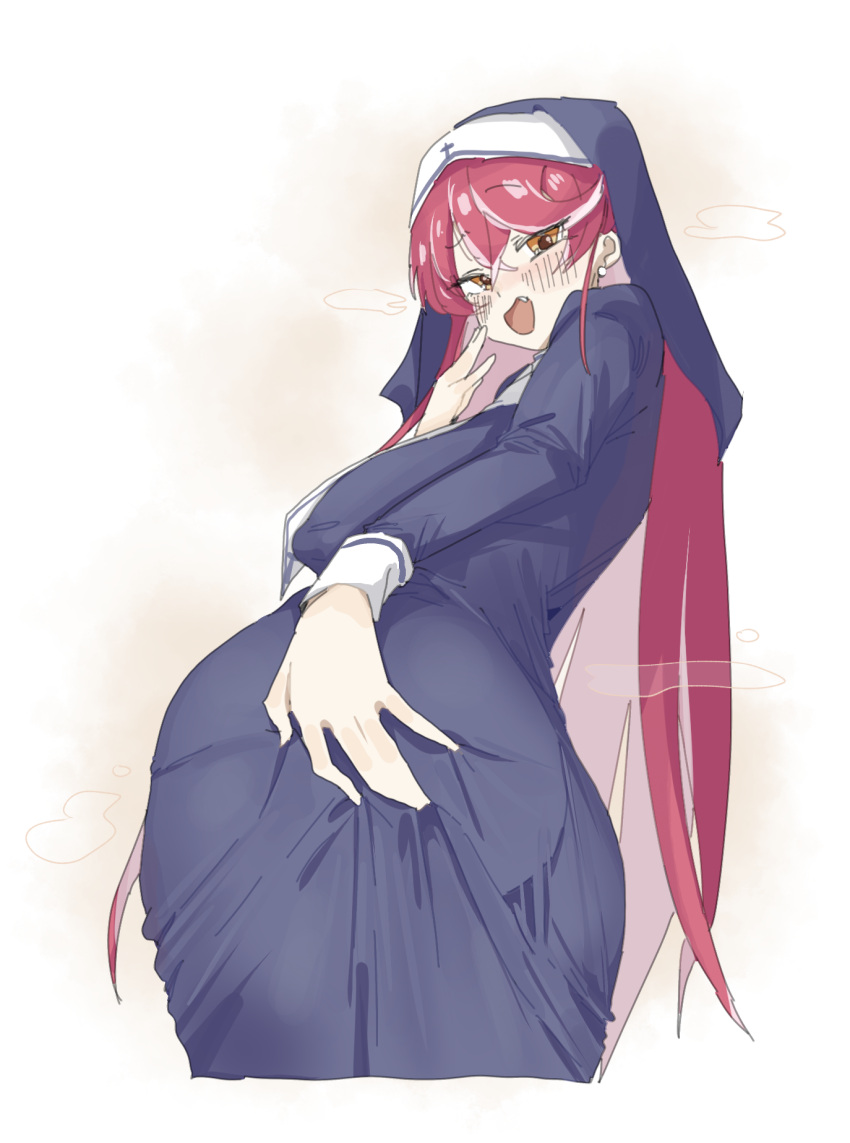 1girl ass ass_grab breasts covered_nipples grabbing_own_ass heterochromia highres hololive houshou_marine houshou_marine_(nun) huge_ass large_breasts leebo_(leeboxxx) long_hair looking_at_viewer nun open_mouth red_eyes red_hair sagging_breasts smile solo virtual_youtuber yellow_eyes