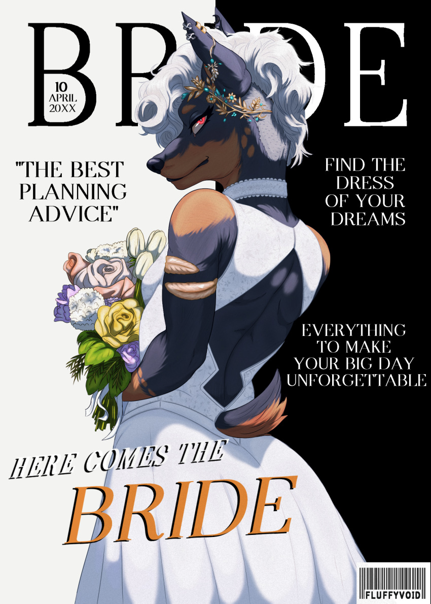 alternative_fashion anthro bedroom_eyes black_body black_fur bouquet breasts bride brown_body brown_fur canid canine canis choker clothed clothing collar cover curled_hair diana_(fluffy_void) dobermann domestic_dog dress ear_piercing ear_ring female flat_chested flower fluffy_void fur goth grey_hair hair hi_res jewelry looking_at_viewer magazine_cover mammal multicolored_body narrowed_eyes necklace piercing pinscher plant red_eyes ring_piercing seductive short_hair short_tail side_view small_breasts solo speech_bubble tail text two_tone_body undercut wedding wedding_dress