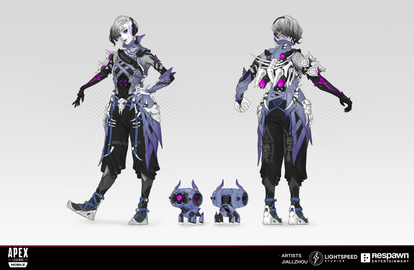 1girl absurdres apex_legends apex_legends_mobile asymmetrical_hair banshee_howl_rhapsody black_bodysuit black_footwear black_gloves black_hair blue_eyeshadow blue_jacket bodysuit concept_art eyeshadow full_body gloves gradient_hair grey_hair grey_lips highres jacket makeup multicolored_hair multiple_views official_alternate_costume official_art pale_skin production_art purple_eyes respawn_entertainment rhapsody_(apex_legends) rowdy_(apex_legends) shoes short_hair sidecut single_glove smile sneakers undercut zjl_baiqishi