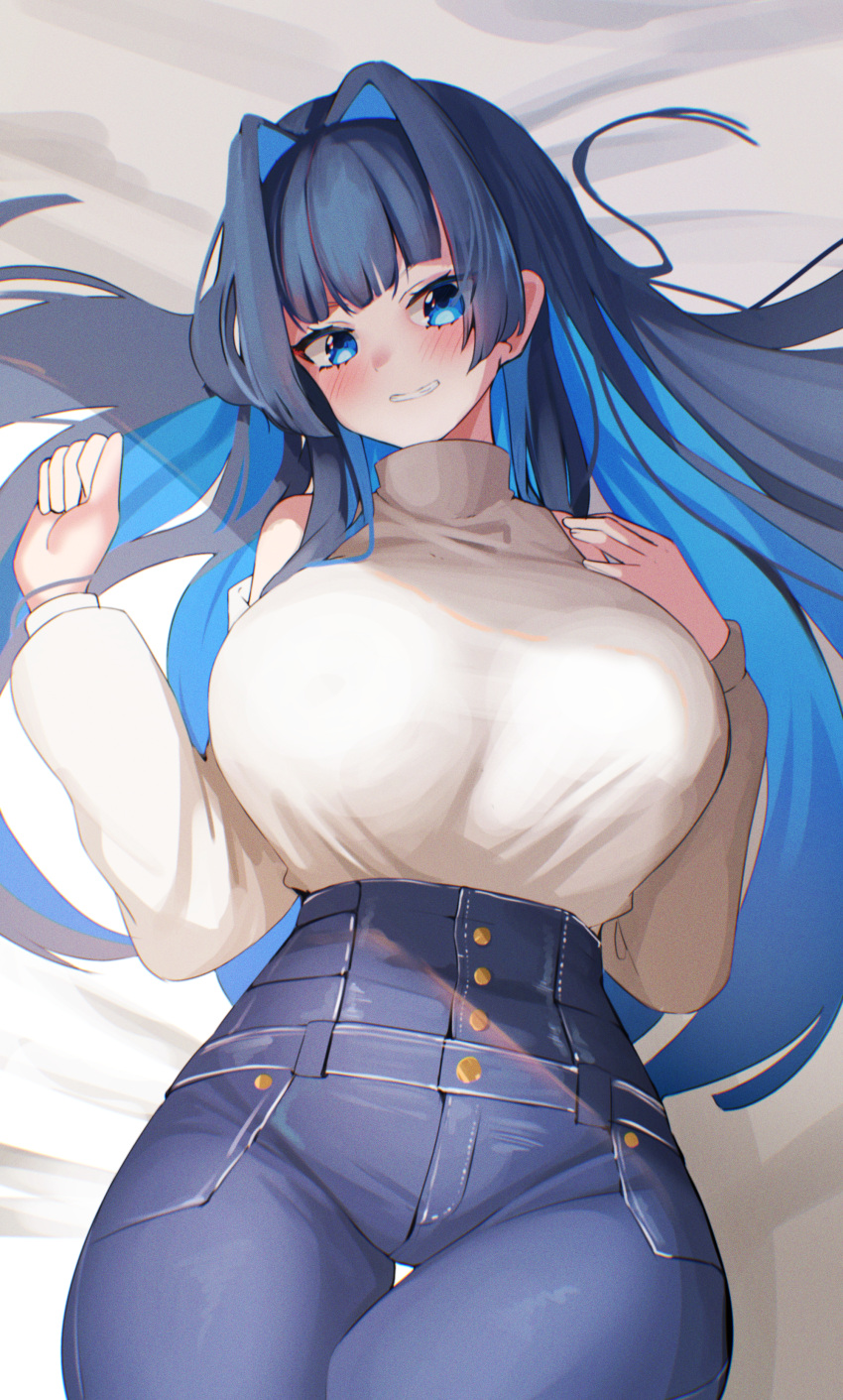 1girl absurdres blue_eyes blue_hair blue_pants blush breasts clothing_cutout colored_inner_hair hell.k high-waist_pants highres hololive hololive_english large_breasts long_hair looking_at_viewer lying multicolored_hair official_alternate_costume on_back ouro_kronii ouro_kronii_(casual) pants shirt shoulder_cutout smile solo white_shirt