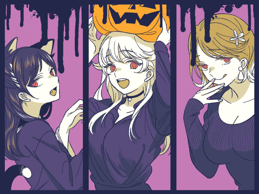 3girls :d alternate_eye_color animal_ears arms_up black_choker black_hair black_shirt breasts brown_hair cat_ears cat_tail choker cleavage earrings fang flower hair_flower hair_ornament halloween highres jack-o'-lantern jewelry kuramochi_momo licking_lips long_hair long_sleeves miyao_nemu multiple_girls purple_hair red_eyes shirt smile tail tongue tongue_out wakatsuki_niko witch_watch yoshitaka_(palooo)