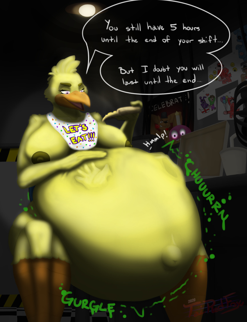 abdominal_bulge animatronic anthro avian bear belly belly_rub bib big_belly big_breasts bird bonnie_(fnaf) breasts bulge canid canine chair chica_(fnaf) chicken container cupcake_(fnaf) dialogue drawings erect_nipples eyebrows female female_pred five_nights_at_freddy's food fox foxy_(fnaf) freddy_(fnaf) fur furniture galliform gallus_(genus) genitals hand_on_belly hand_print hare hi_res human human_prey lagomorph leporid machine male male/female male_prey mammal mike_schmidt navel navel_outline nipples office office_chair on_chair onomatopoeia outie_navel penis phasianid pinup pizza pizza_box pizza_slice pose rabbit raised_eyebrow robot scottgames sexy_eyes sitting sitting_on_chair solo sound_effects speech_bubble tairedfox taunting text vore