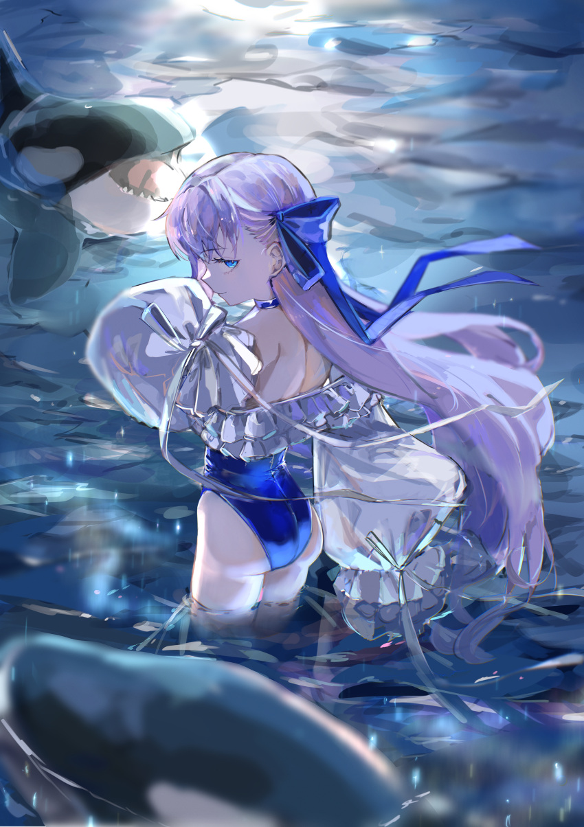 1girl absurdres bare_shoulders blue_choker blue_eyes blue_one-piece_swimsuit blue_ribbon choker fate/grand_order fate_(series) frilled_one-piece_swimsuit frills hair_ribbon highleg highleg_swimsuit highres long_hair long_sleeves looking_at_viewer meltryllis_(fate) meltryllis_(swimsuit_lancer)_(fate) meltryllis_(swimsuit_lancer)_(second_ascension)_(fate) mochi_upamo off-shoulder_one-piece_swimsuit off_shoulder one-piece_swimsuit orca puffy_sleeves purple_hair ribbon sleeves_past_fingers sleeves_past_wrists solo strapless strapless_one-piece_swimsuit swimsuit very_long_hair