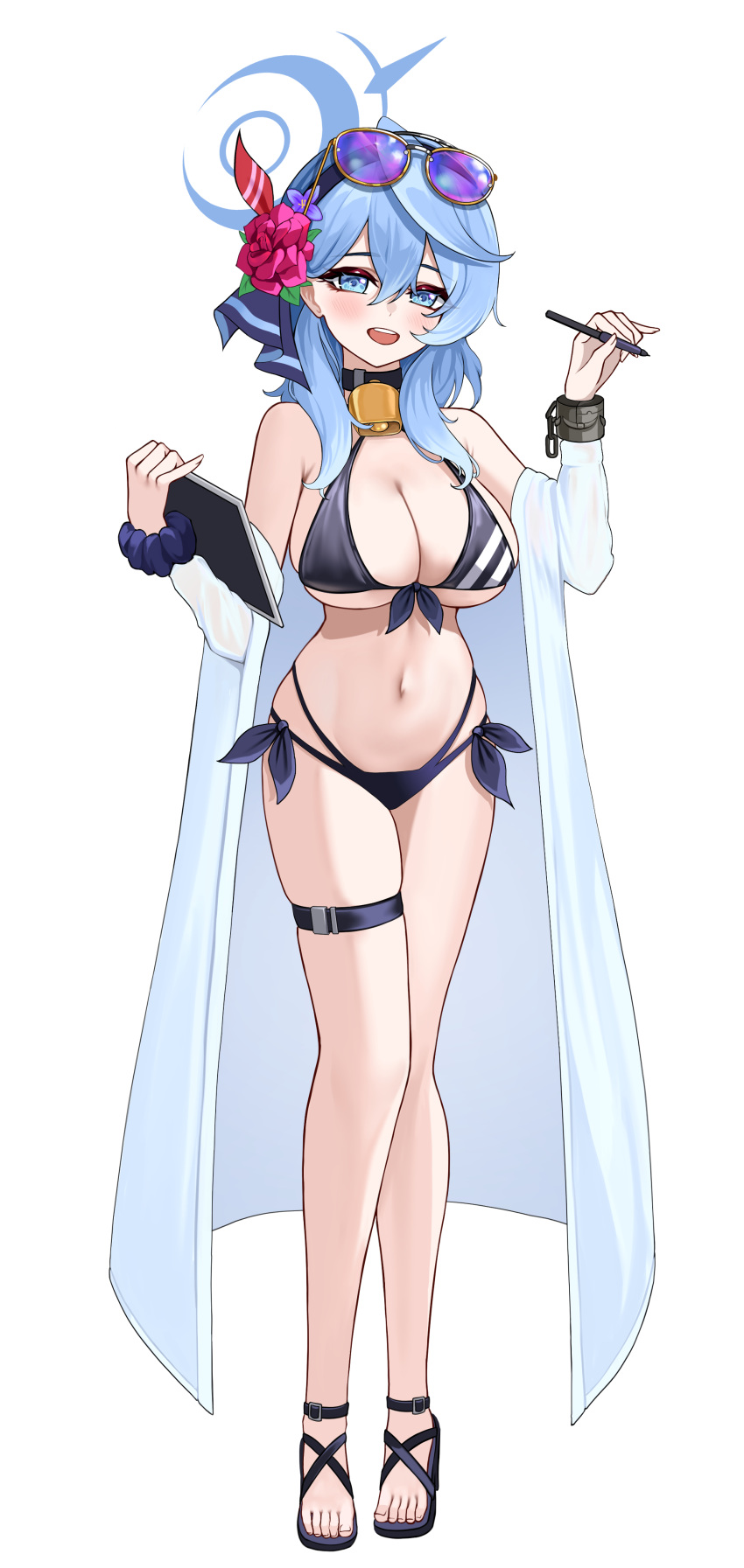1girl 82jhin absurdres ako_(blue_archive) bell bikini blue_archive blue_eyes blue_hair blue_halo blush breasts chain cosplay cowbell cuffs eyewear_on_head halo highres iori_(blue_archive) iori_(blue_archive)_(cosplay) iori_(swimsuit)_(blue_archive) large_breasts open_mouth sandals shackles simple_background solo stylus sunglasses swimsuit tablet_pc thigh_strap white_background