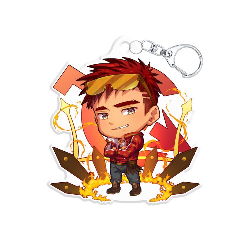 1boy absurdres blue_pants brown_footwear character_charm charm_(object) chibi crossed_arms derek_kingsfield full_body highres jacket jock_studio_(blits_games) light_smile looking_at_viewer male_focus merchandise mikkoukun pants red_hair red_jacket shoes solo teeth