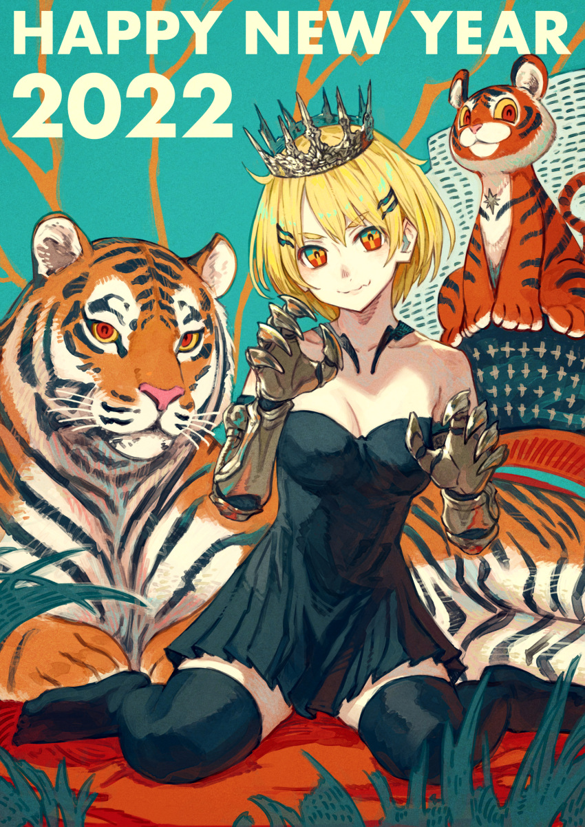 1girl 2022 absurdres bare_shoulders black_dress black_legwear blonde_hair blue_background blue_eyes breasts claws cleavage closed_mouth collarbone commentary_request crown dress english_commentary eyebrows_visible_through_hair full_body gauntlets hair_ornament hairclip happy_new_year highres kusano_shinta looking_at_viewer medium_breasts mixed-language_commentary multicolored_eyes new_year no_shoes orange_eyes original red_eyes short_hair sitting solo strapless strapless_dress stuffed_animal stuffed_tiger stuffed_toy thighhighs tiger wariza