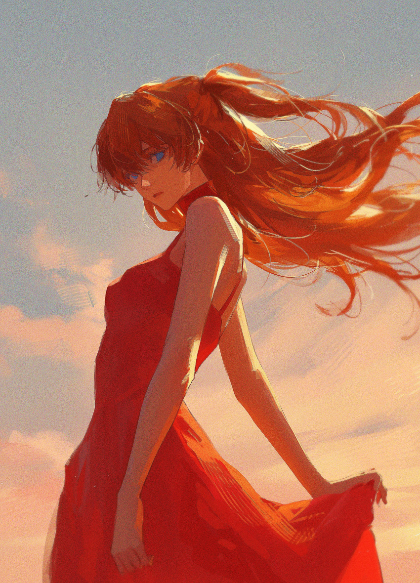 1girl 96yottea absurdres blue_eyes blue_sky cloud cloudy_sky collar dress highres long_hair looking_at_viewer neon_genesis_evangelion orange_hair red_dress sky solo souryuu_asuka_langley wavy_hair