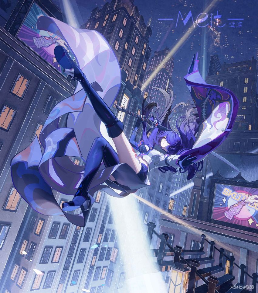 1girl absurdres acheron_(honkai:_star_rail) artist_name asymmetrical_footwear billboard black_choker black_gloves black_shorts boots building chain choker cityscape coat coattails detached_sleeves gloves hair_over_one_eye highres holding holding_sword holding_weapon honkai:_star_rail honkai_(series) leg_tattoo long_hair meirong midair midriff multicolored_hair night outstretched_arm purple_eyes purple_hair scabbard sheath sheathed short_shorts shorts solo stairs streaked_hair sword tattoo thigh_boots weapon white_coat