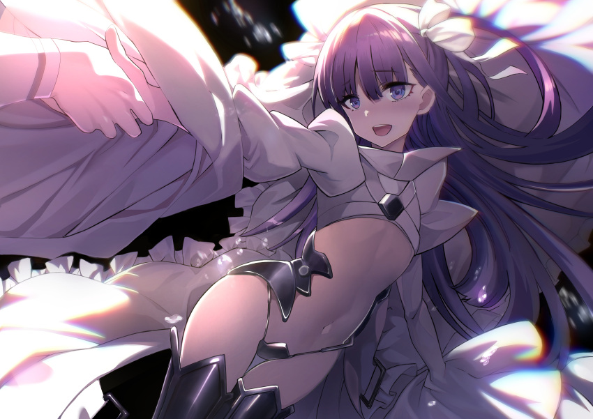1girl absurdres armor blue_eyes blush bow breasts coat crotch_plate fate/grand_order fate_(series) hair_ribbon highres juliet_sleeves long_hair long_sleeves meltryllis_(fate) meltryllis_(third_ascension)_(fate) navel prosthesis prosthetic_leg puffy_sleeves purple_hair revealing_clothes ribbon sleeves_past_fingers sleeves_past_wrists small_breasts smile solo thighs very_long_hair white_coat white_ribbon yuge_(yuge_bakuhatsu)